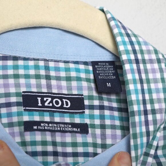 IZOD Check Button Down Shirt Non-Iron Stretch Long Sleeve Top Blue Green White - Picture 6 of 11
